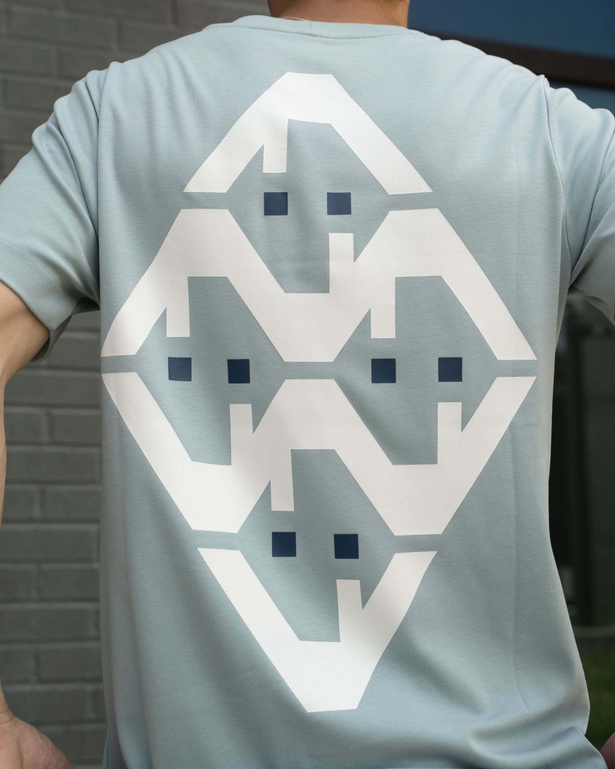 Person wearing a light blue t-shirt with a geometric pattern on the back, standing against a brick wall.